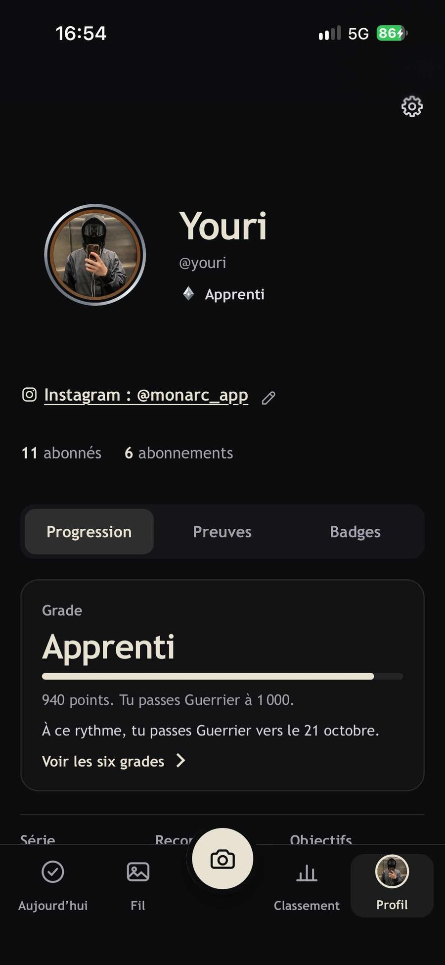 Écran Profil de MonArc : grade Apprenti, 940 points et progression vers le grade suivant.