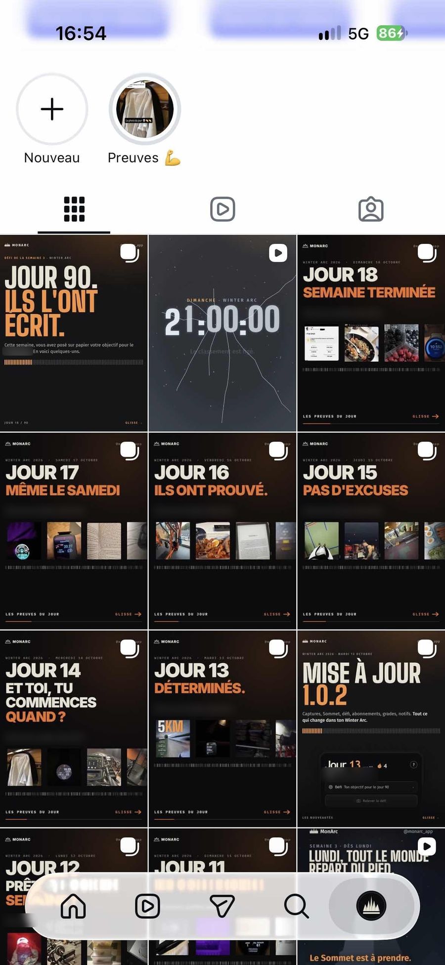 Grille Instagram du compte @monarc_app : les publications des jours 11 à 18 du Winter Arc.